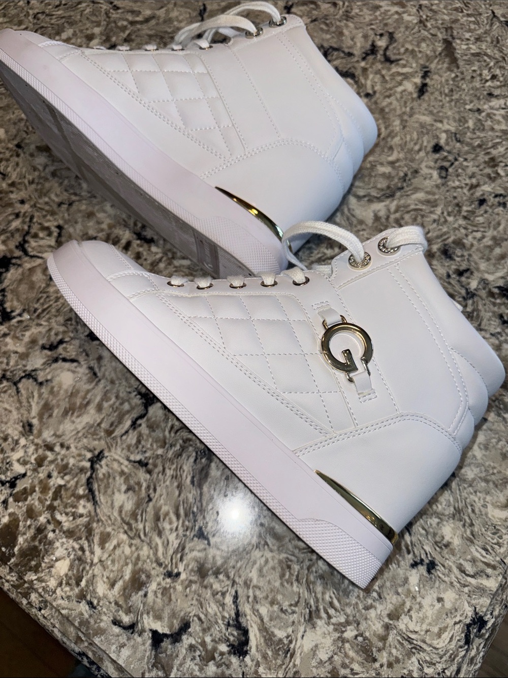 GBG Los Angeles White Quilted High-Top Sneakers with Gold G Accent